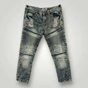 GS-115 Moto Jeans Mens Size 38 (41x32) Blue Acid Wash Biker Ribbed‎ Distressed